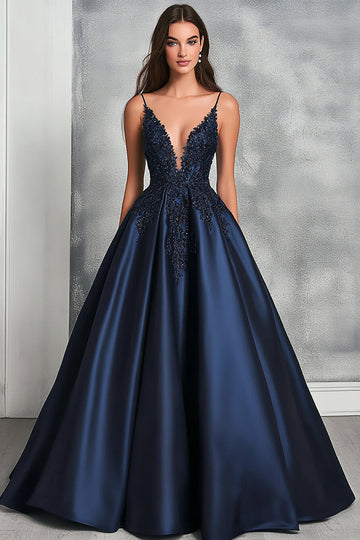 Glitter Navy A-Line Spaghetti Straps Satin Ball Gown Dress with Appliques